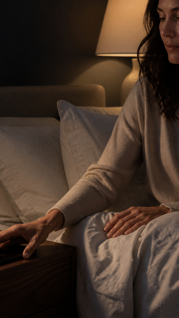 A woman in a beige long-sleeve top sits in bed at night, reaching toward a smartphone on a wooden bedside table. A mug, a book, and a lit table lamp are visible in the dimly lit bedroom setting.