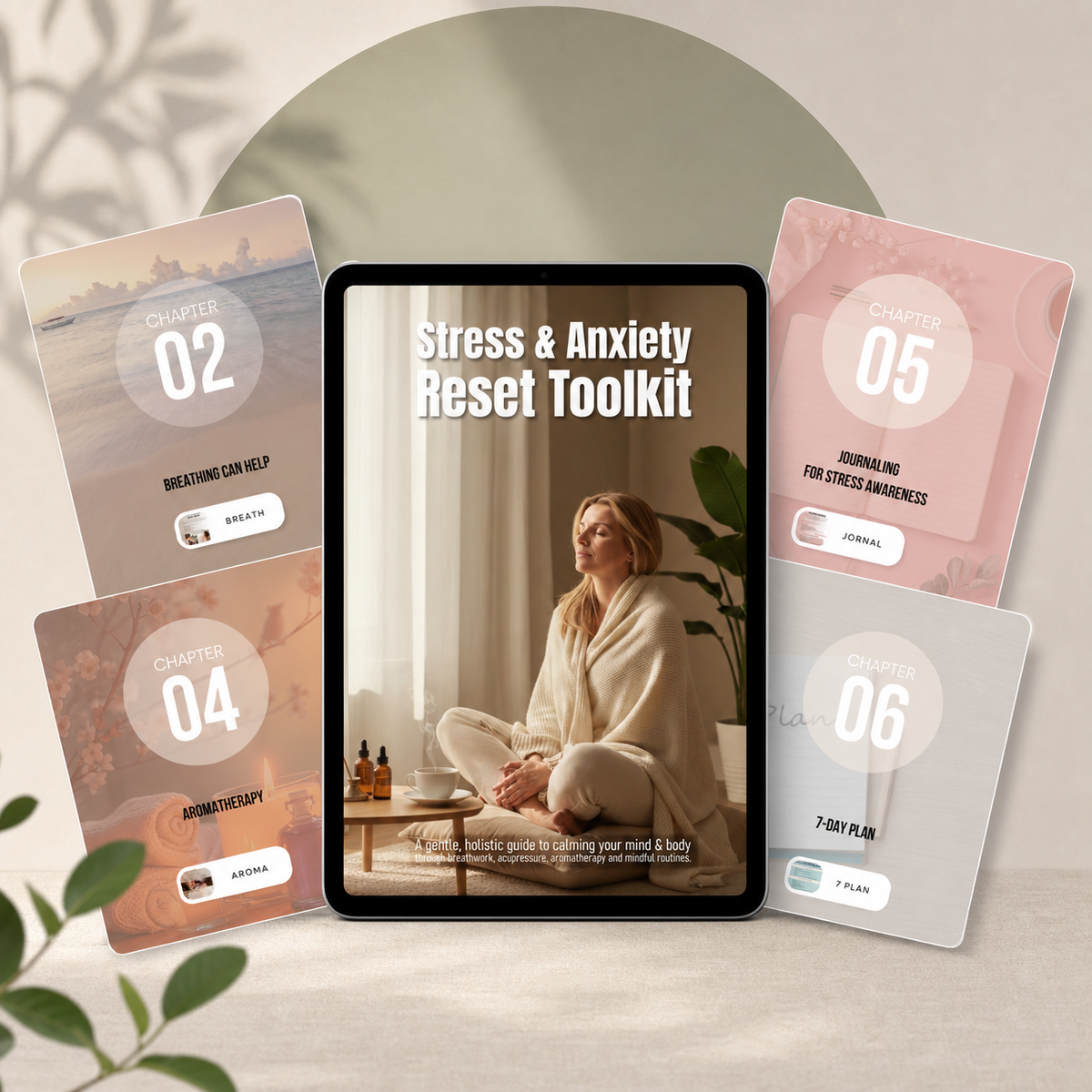 Stress and Anxiety Reset Toolkit digital guide shown on a tablet with four chapter previews