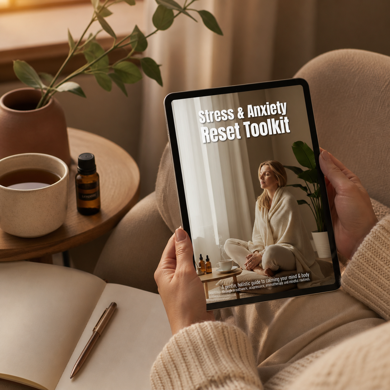 Woman using the Stress and Anxiety Reset Toolkit on a tablet during an evening self-care ritual