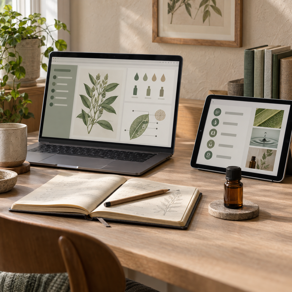 Wellmony essential oil guide displayed on a laptop and tablet beside an amber oil bottle.