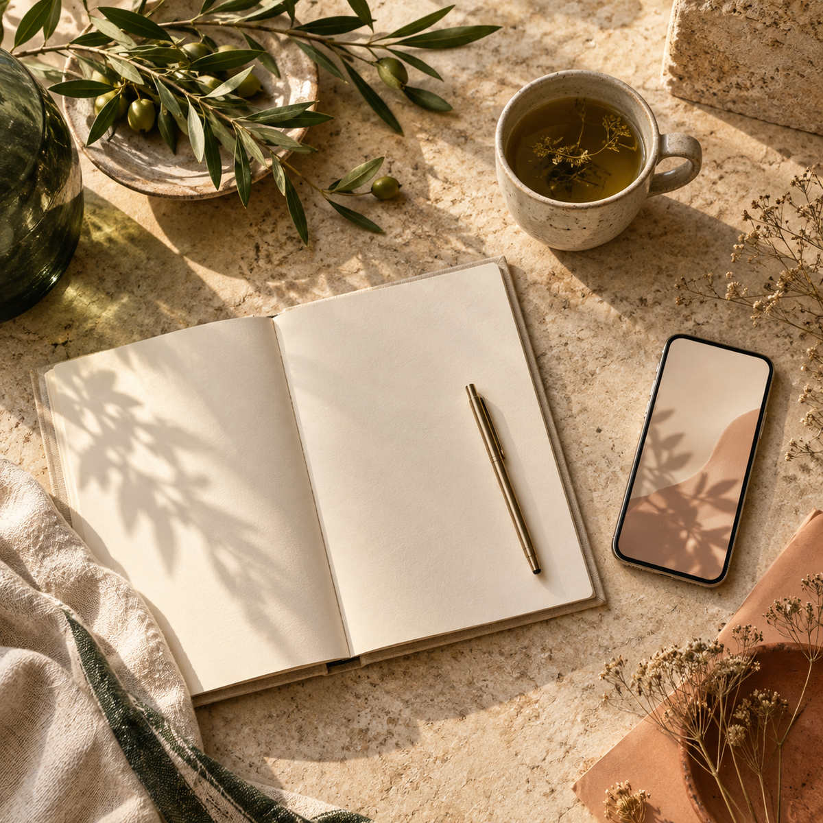 A calm creator workspace with a notebook, tea and olive branches