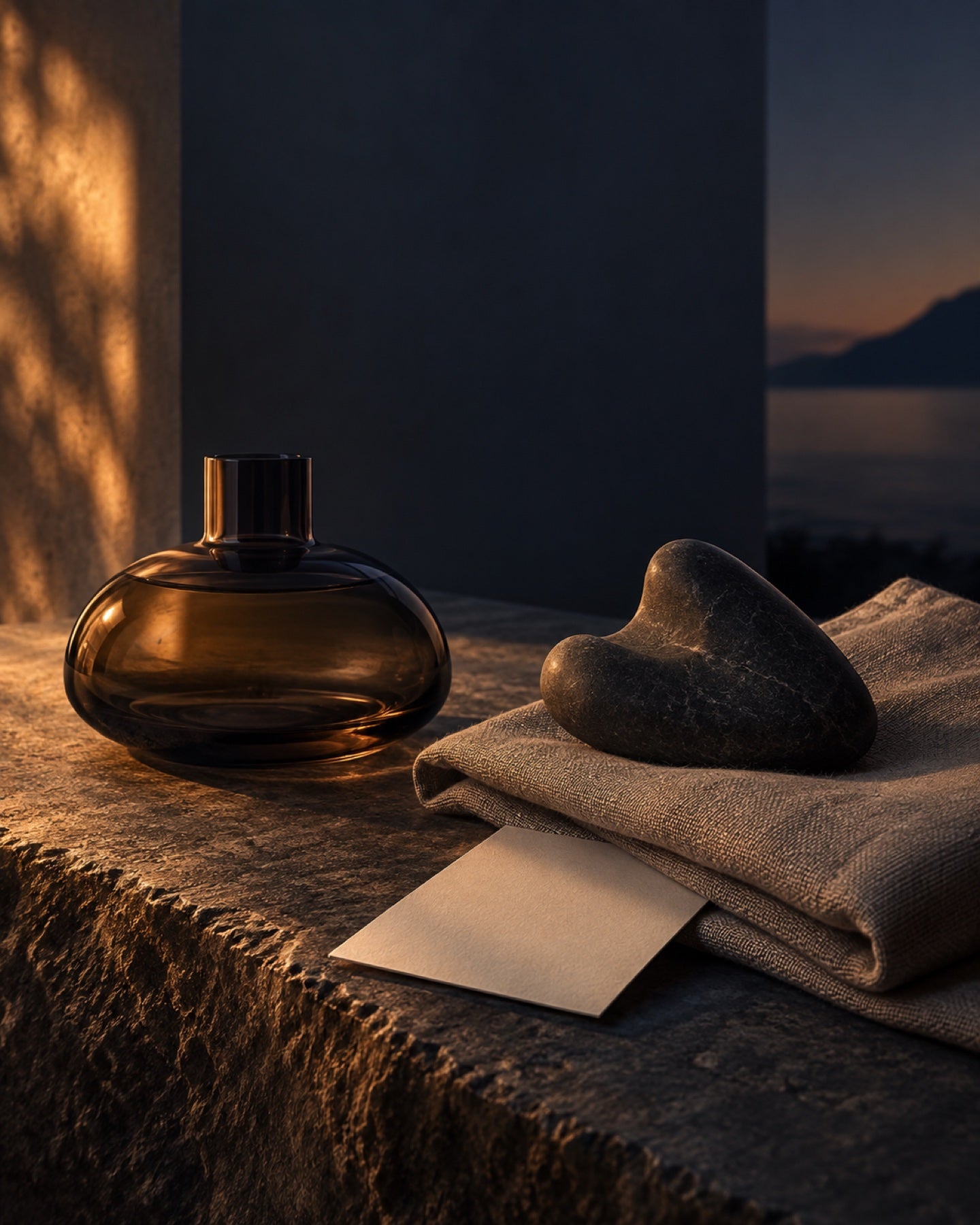 Evening ritual objects in warm dusk light.